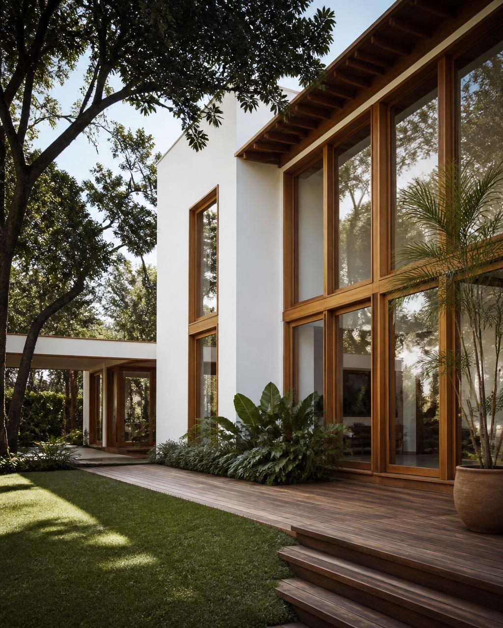 Fachada de casa moderna com jardim